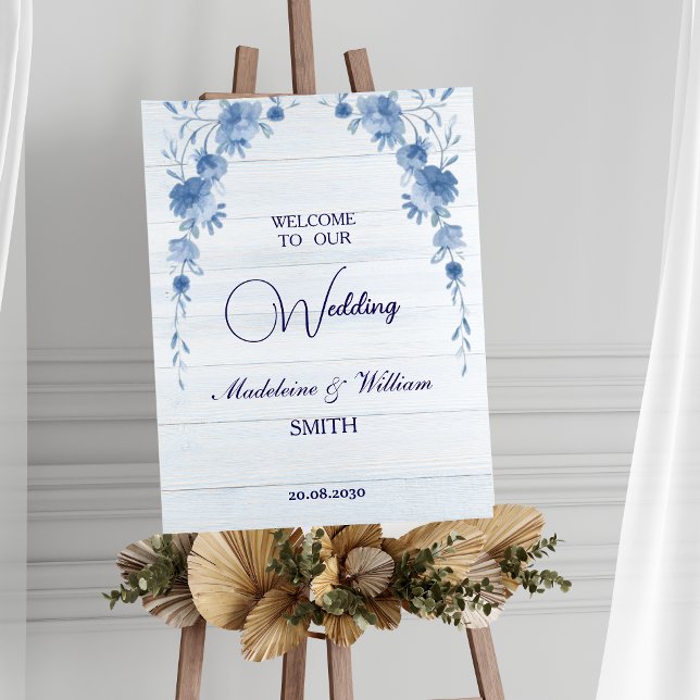 Rustic Wood Blue Floral Wedding Welcome Sign Poster (Skapare uppladdad)