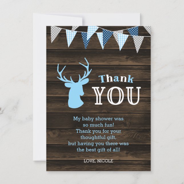 Rustic Wood Blue Hjort Baby Shower Tack Kort (Framsida)