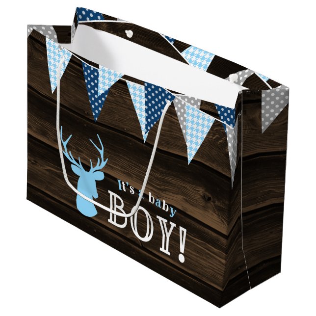 Rustic Wood Blue Hjort Boy Shower (Framsidan Vinklad)