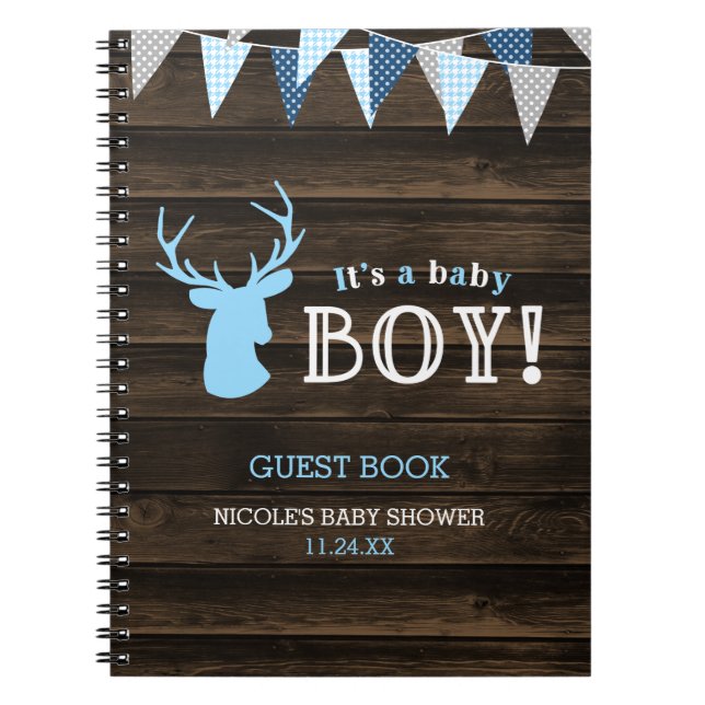 Rustic Wood Blue Hjort Boy Shower Guest Bok Anteckningsbok (Framsidan)