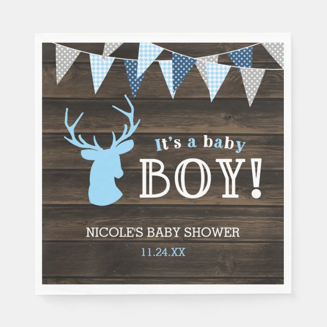 Rustic Wood Blue Hjort Boy Shower Pappersservett (Framsidan)