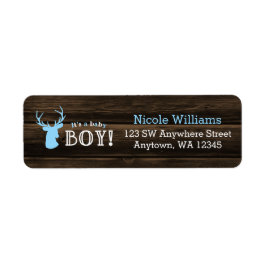 Rustic Wood Blue Hjort Boy Shower Returadress Etikett