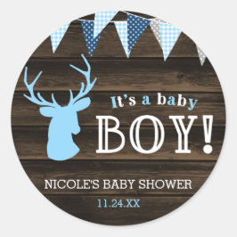 Rustic Wood Blue Hjort Boy Shower Runt Klistermärke