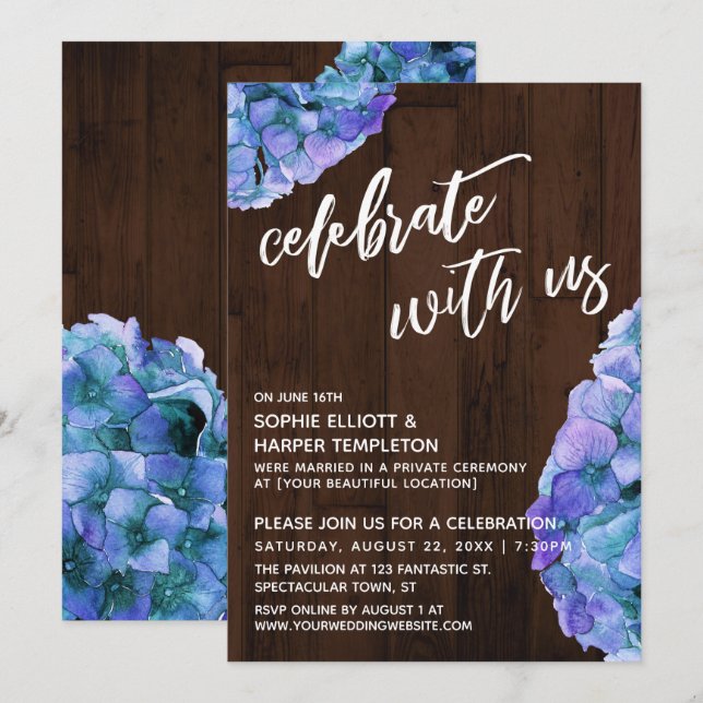 Rustic Wood Blue Hydrangea Celebrate med USA Inbjudningar (Fram/baksida)