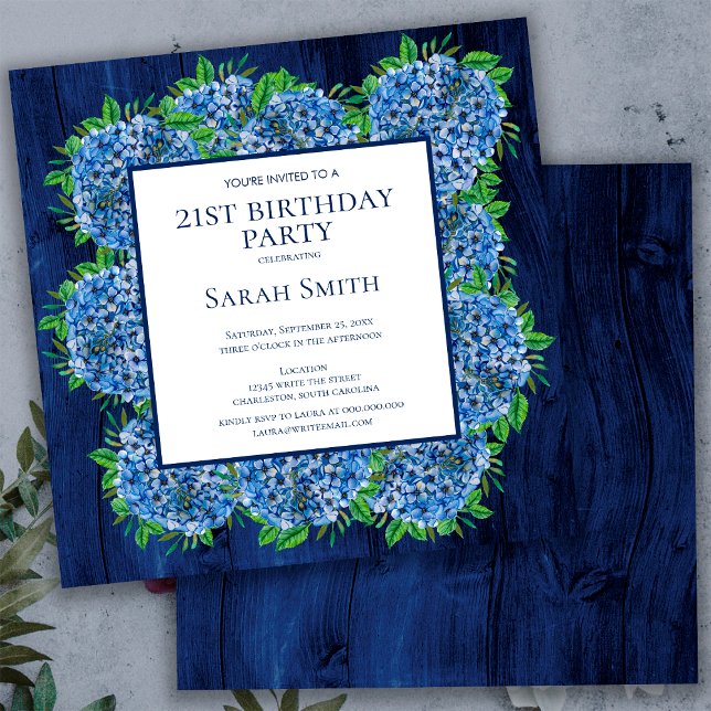 Rustic Wood Blue Hydrangeas Party Inbjudningar (Skapare uppladdad)
