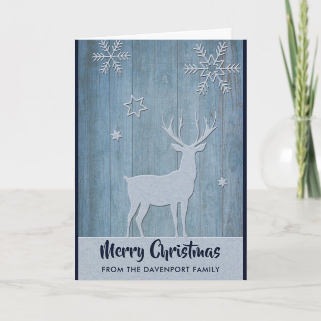 Rustic Wood Blue Reindeer Land jul Kort (Framsida)