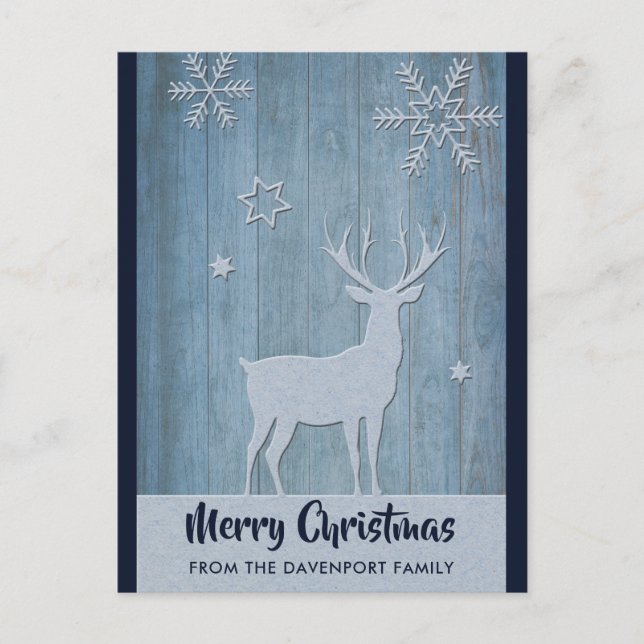 Rustic Wood Blue Reindeer Land jul Vykort (Framsida)