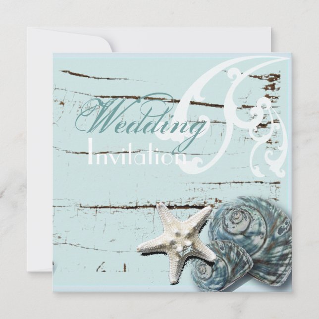 Rustic Wood blue Seashell Coastal Beach Wedding Inbjudningar (Framsida)