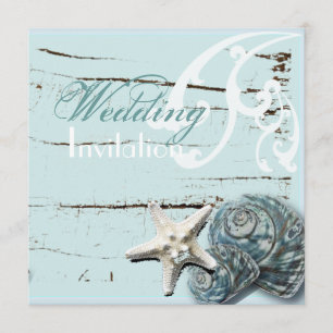 Rustic Wood blue Seashell Coastal Beach Wedding Inbjudningar