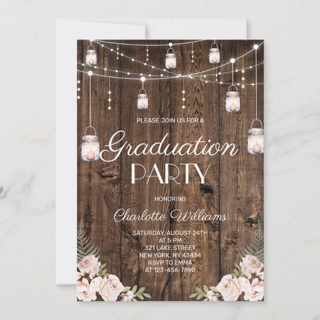 Rustic Wood Blush Floral Graduation Party Inbjudningar (Framsida)