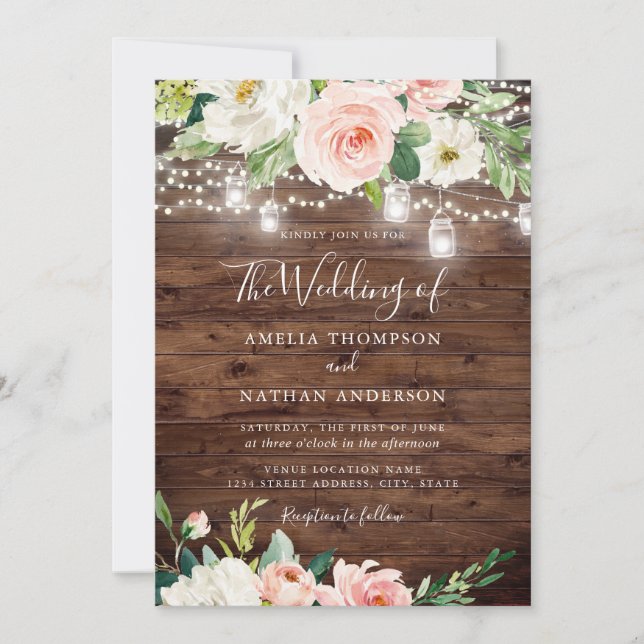 Rustic Wood Blush Pink Floral Lights Wedding Inbjudningar (Framsida)