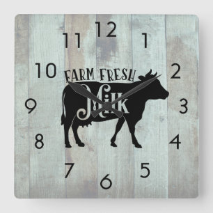 Rustic Wood Boards Cow Silhouette Farm Fresh Mjölk Fyrkantig Klocka
