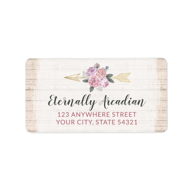 Rustic Wood Bohemian Floral Arrow Rosa adress Adressetikett (Framsidan)