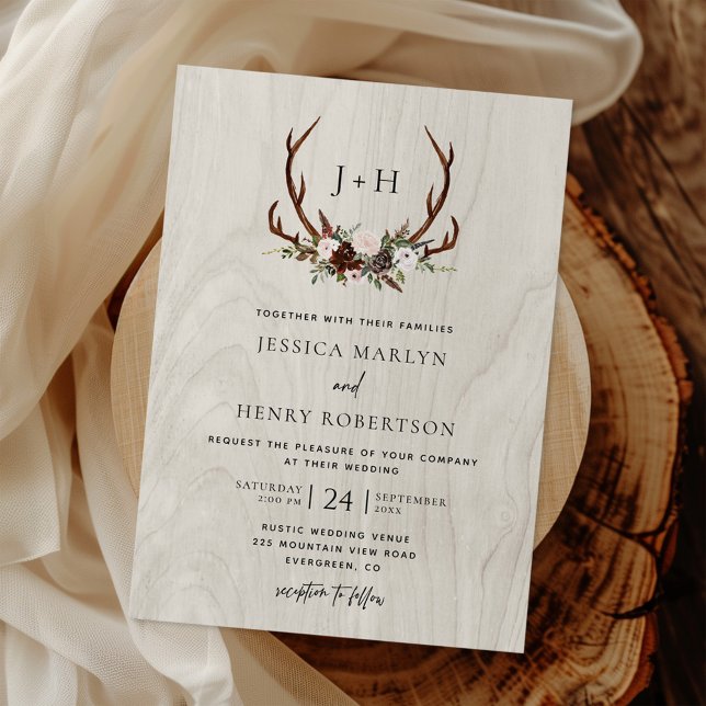 Rustic Wood Boho Antlers Monogram Bröllop Inbjudningar (Skapare uppladdad)