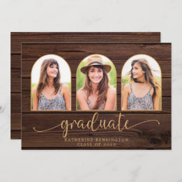 Rustic Wood Boho Arch Guld 3 Photo Studenten Inbjudningar
