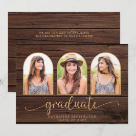 Rustic Wood Boho Arch Guld 3 Photo Studenten Inbjudningar