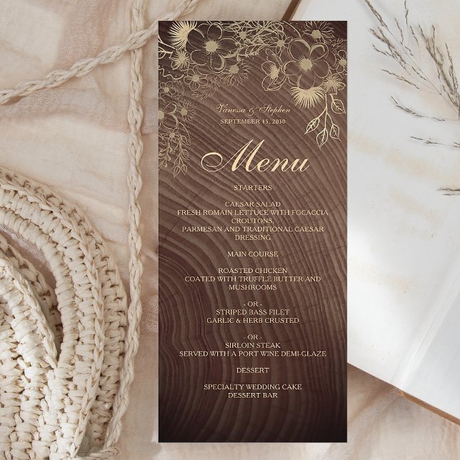 Rustic Wood Boho Blommigt Bröllop Menu Meny (Skapare uppladdad)