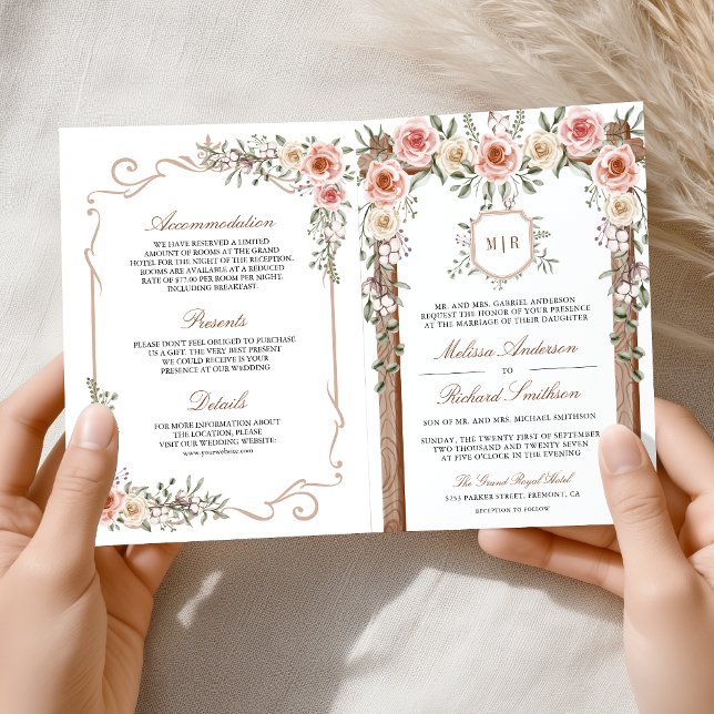 Rustic Wood Boho Floral All in One Canopy Wedding Inbjudan (Skapare uppladdad)
