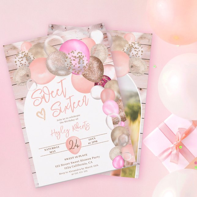 Rustic wood Boho glitter-ballonger rosa Sweet 16 Inbjudningar (Skapare uppladdad)