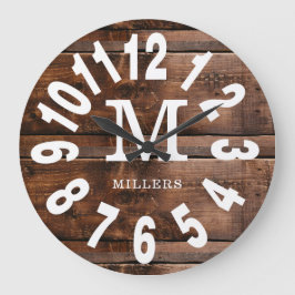 Rustic Wood Bold Numbers Family Namn Monogram Stor Klocka