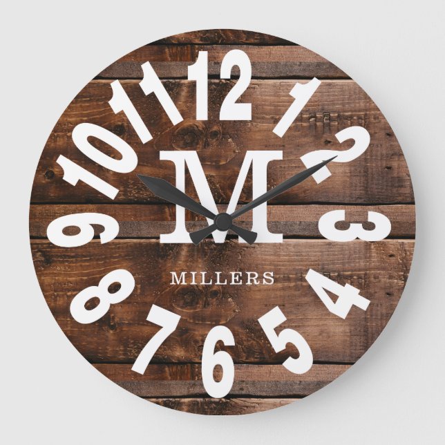 Rustic Wood Bold Numbers Family Namn Monogram Stor Klocka (Framsida)