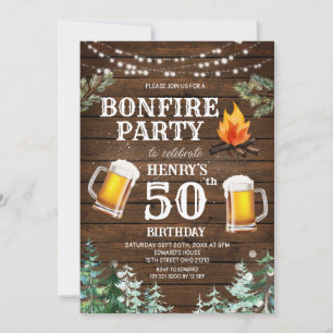 Rustic Wood Bonfire Beer Vuxen Birthday Outdoor Inbjudningar