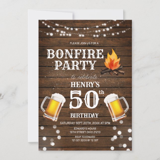 Rustic Wood Bonfire Party Beer 50:e födelsedagen Inbjudningar (Framsida)