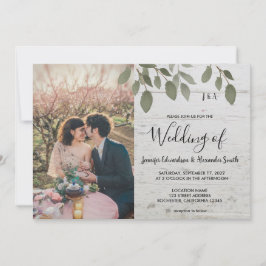 Rustic wood botanical monogrammed photo Wedding Inbjudningar