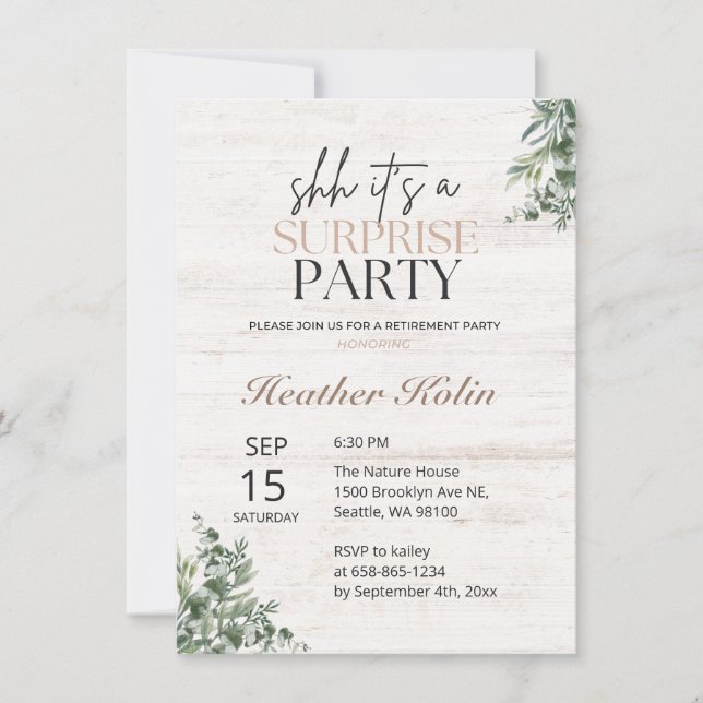 Rustic Wood Botanical Surprise Pension Party Inbjudningar (Framsida)