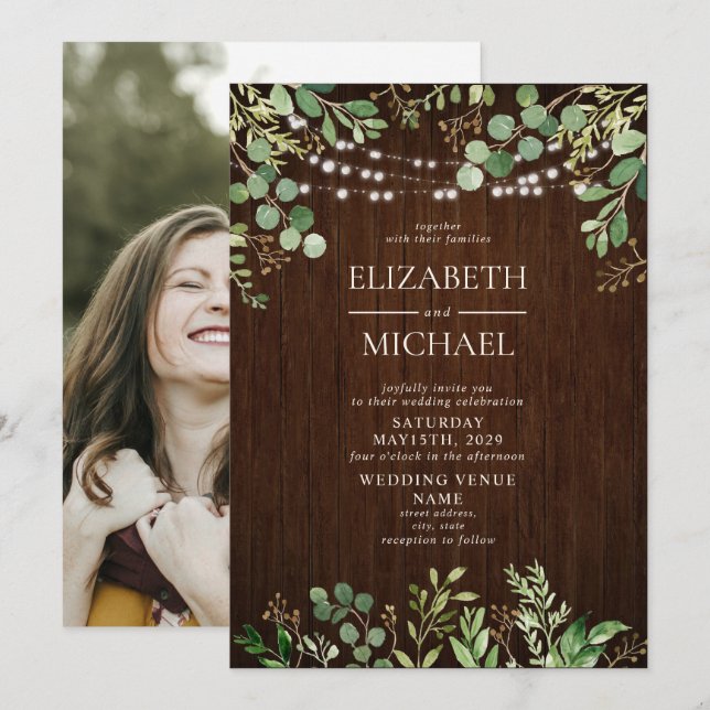 Rustic Wood Botanicals String Ljus Photo Bröllop Inbjudningar (Fram/baksida)