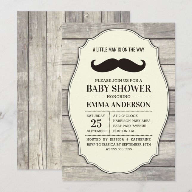 Rustic Wood Boy Baby Shower-inbjudan - Mustache Inbjudningar (Fram/baksida)