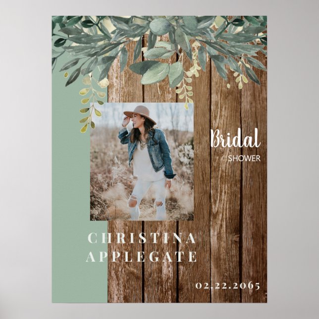 Rustic Wood Bride Photo Sage Möhippa Poster (Framsidan)