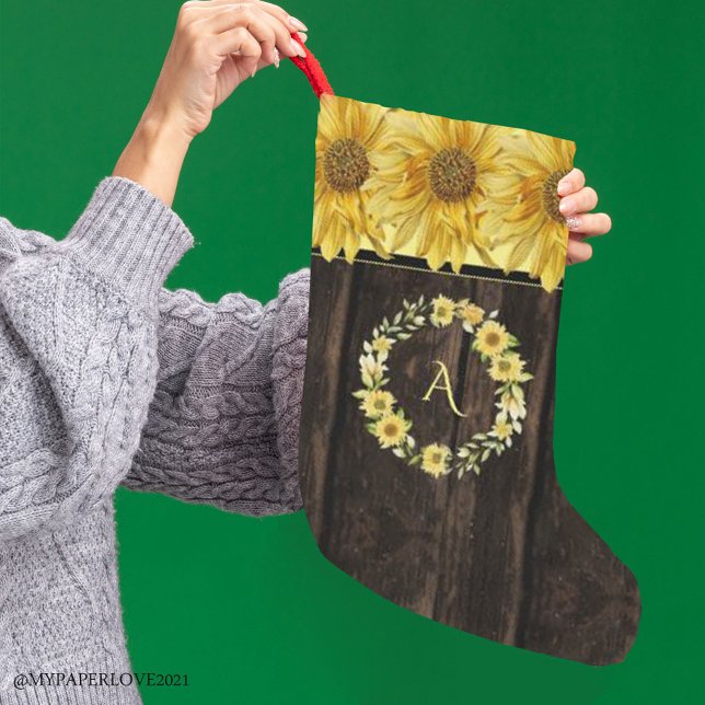 Rustic Wood Bright Yellow Sunflower Monogram Stor Julstrumpa (Skapare uppladdad)