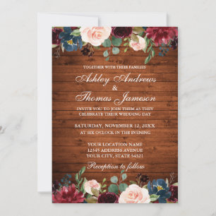 Rustic Wood Bröllop Blommigt Burgundy Blue Inbjuda Inbjudningar