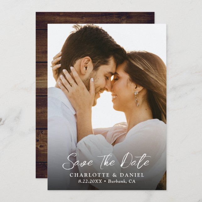 Rustic Wood Bröllop Photo Save Date Card Spara Datumet (Fram/baksida)