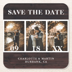 Rustic Wood Bröllop Photo Save Date Underlägg Papper Kvadrat