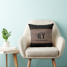 Rustic Wood Brown och Black Monogram Kudde