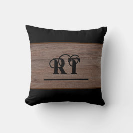 Rustic Wood Brown och Black Monogram Kudde