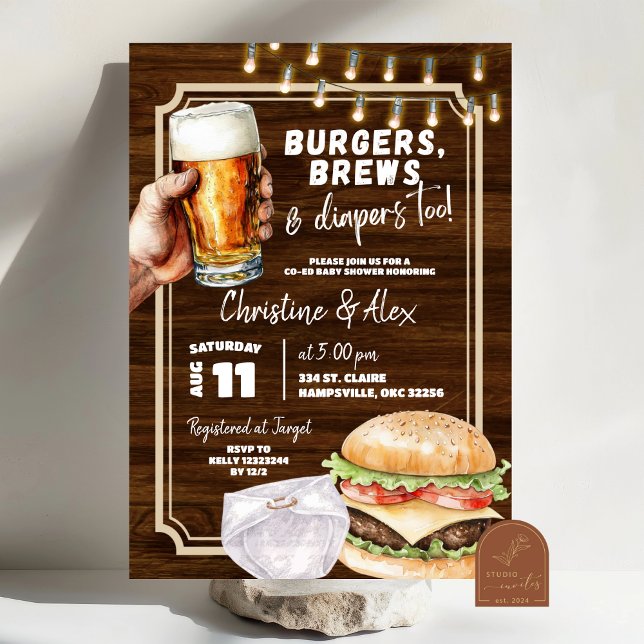 Rustic Wood Burger Brew och blöja också Baby Showe Inbjudningar (Skapare uppladdad)