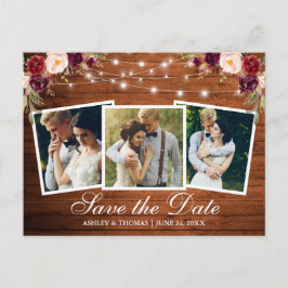 Rustic Wood Burgundy Blommigt 3 - fotospara datum Inbjudan Vykort