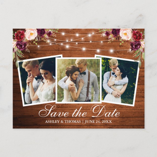 Rustic Wood Burgundy Blommigt 3 - fotospara datum Inbjudan Vykort (Framsida)