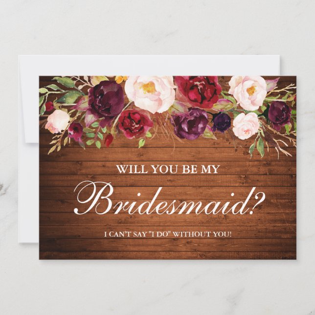 Rustic Wood Burgundy Blommigt Bridesmaid Inbjudningar (Framsida)