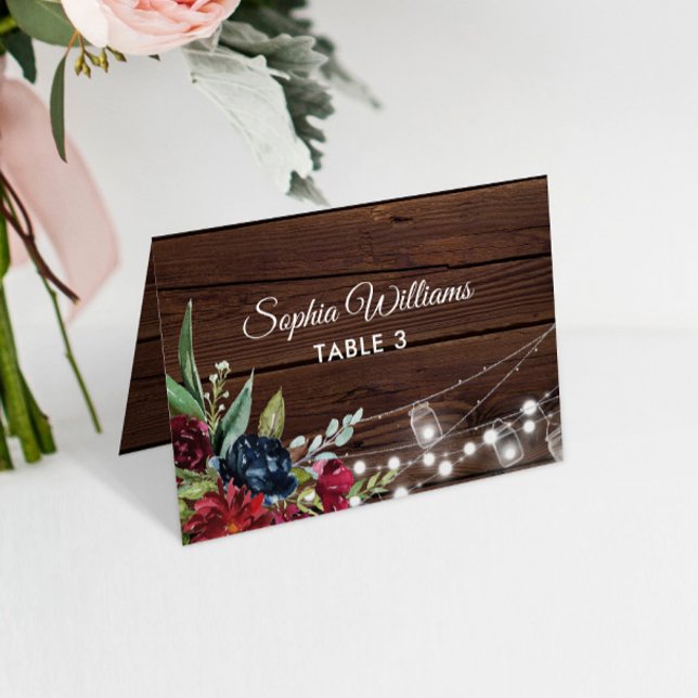 Rustic Wood Burgundy Blommigt Bröllop Bord Card Bordsnummer (Skapare uppladdad)