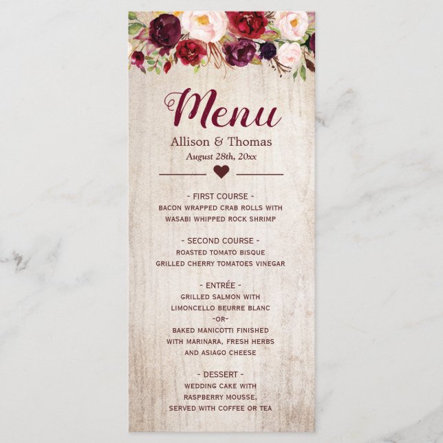 Rustic Wood Burgundy  Blommigt Bröllop Menu Meny (Framsida)