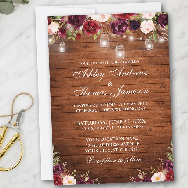Rustic Wood Burgundy Blommigt Burk Ljus Bröllop Inbjudningar (Customize to add more text or photos to back of card.)