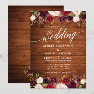 Rustic Wood Burgundy Blommigt Calligraphy Bröllop Inbjudningar