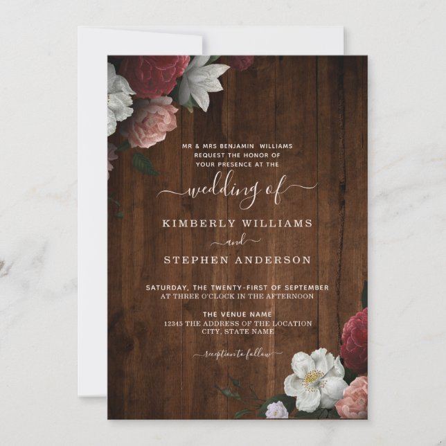 Rustic Wood Burgundy  Blommigt Formal Bröllop Inbjudningar (Framsida)