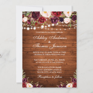 Rustic Wood Burgundy Blommigt Ljus Bröllop Inbjudningar