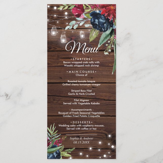 Rustic Wood Burgundy Blommigt Ljus Bröllop Menu Meny (Framsida)