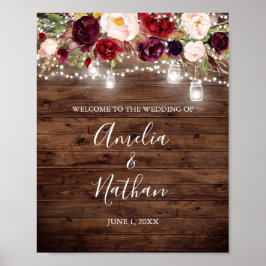 Rustic Wood Burgundy Blommigt Ljus Bröllop Poster